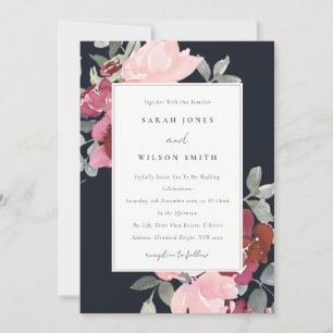 BLACK BLUSH BURGUNDY ROSE FLORAL WEDDING INVITE