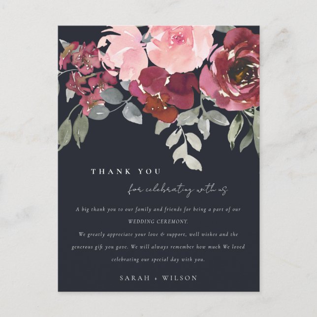 BLACK BLUSH BURGUNDY ROSE FLORAL WEDDING THANK YOU ANNOUNCEMENT POSTCARD (Front)