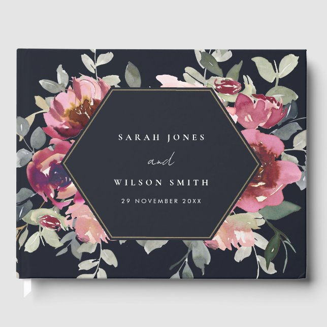 BLACK BLUSH BURGUNDY WATERCOLOR FLORAL WEDDING GUEST BOOK (Front)