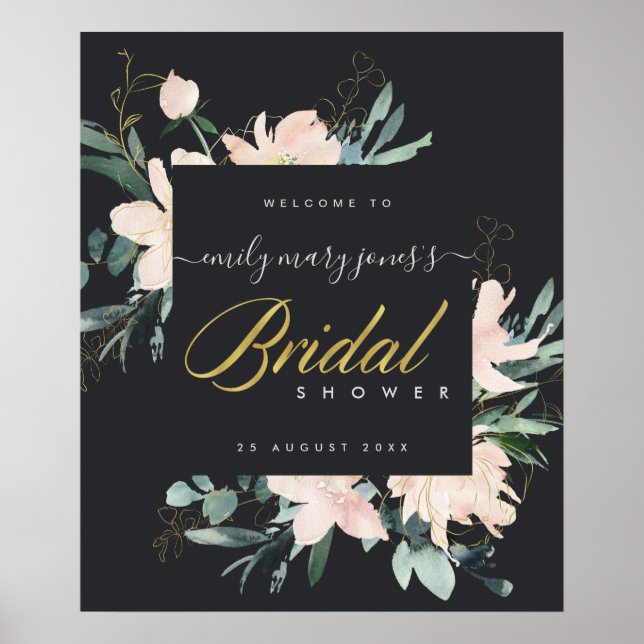 BLACK BLUSH FLORA WATERCOLOR BRIDAL SHOWER WELCOME POSTER (Front)
