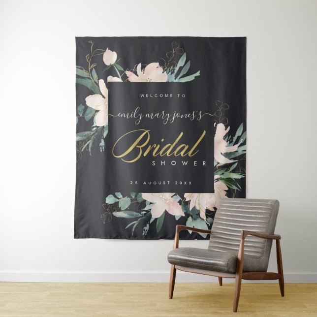 BLACK BLUSH FLORA WATERCOLOR BRIDAL SHOWER WELCOME TAPESTRY (In Situ)