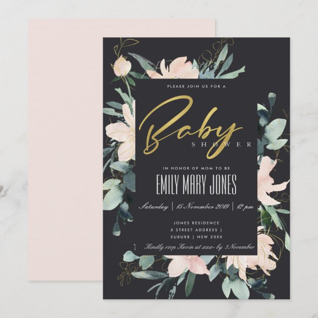 BLACK BLUSH FLORAL FRAME WATERCOLOR BABY SHOWER INVITATION (Front/Back)