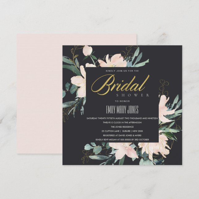 BLACK BLUSH FLORAL FRAME WATERCOLOR BRIDAL SHOWER INVITATION (Front/Back)