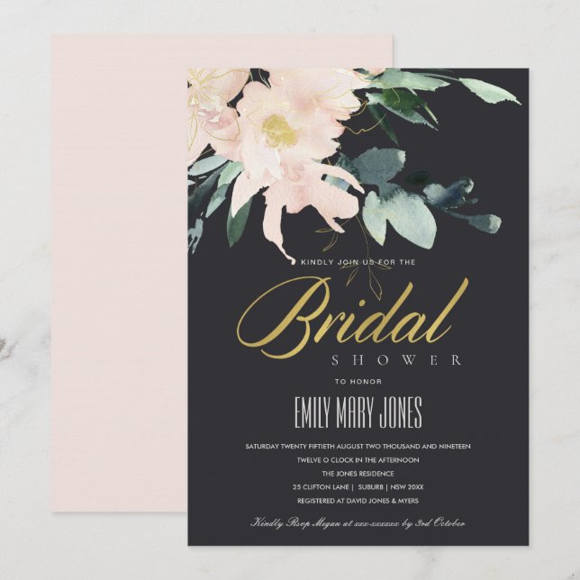 BLACK BLUSH FLORAL GOLD WATERCOLOR BRIDAL SHOWER INVITATION (Front/Back)