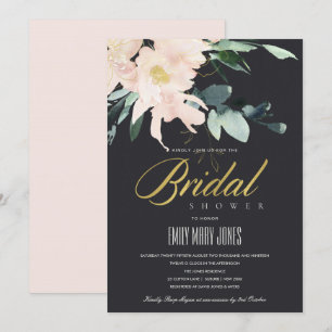BLACK BLUSH FLORAL GOLD WATERCOLOR BRIDAL SHOWER INVITATION