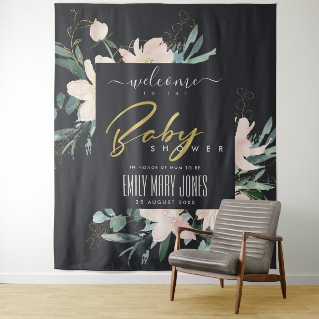 BLACK BLUSH FLORAL WATERCOLOR BABY SHOWER WELCOME TAPESTRY (In Situ)