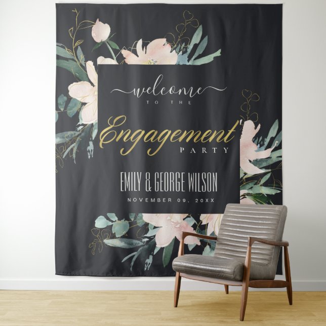 BLACK BLUSH FLORAL WATERCOLOR ENGAGEMENT WELCOME TAPESTRY (In Situ)