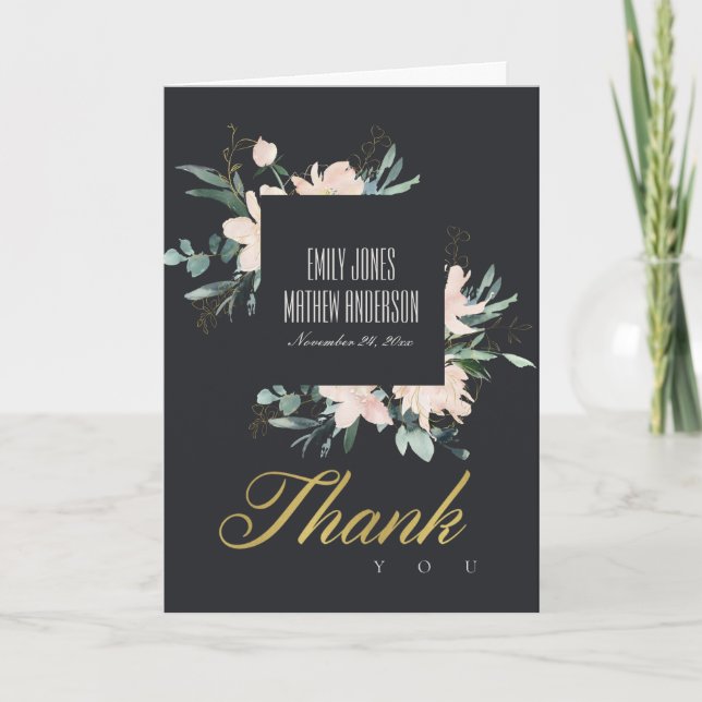 BLACK BLUSH FLORAL WATERCOLOR WEDDING THANK YOU (Front)