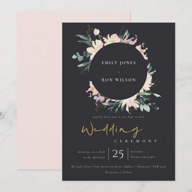 BLACK BLUSH FLORAL WREATH INK WATERCOLOR WEDDING INVITATION (Front/Back)