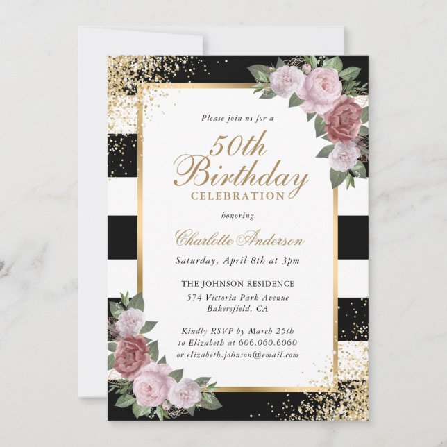 Black Blush Gold Confetti Floral 50th Birthday Invitation (Front)