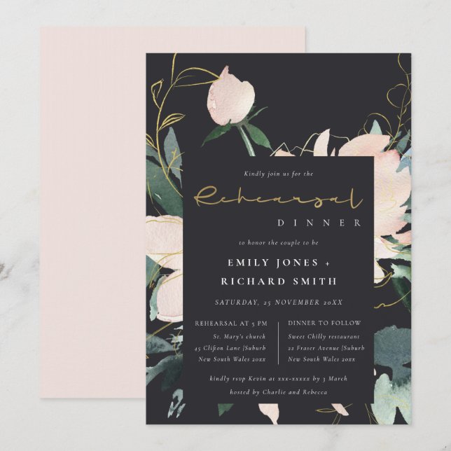 BLACK BLUSH GOLD FLORA WATERCOLOR REHEARSAL DINNER INVITATION (Front/Back)
