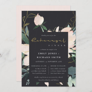 BLACK BLUSH GOLD FLORA WATERCOLOR REHEARSAL DINNER INVITATION