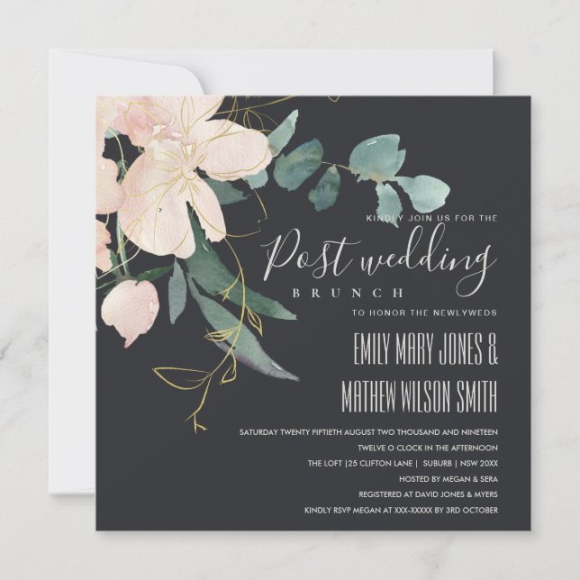 BLACK BLUSH GOLD FLORAL BUNCH POST WEDDING BRUNCH INVITATION (Front)