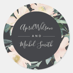 BLACK BLUSH GOLD FLORAL FRAME WATERCOLOR WEDDING CLASSIC ROUND STICKER
