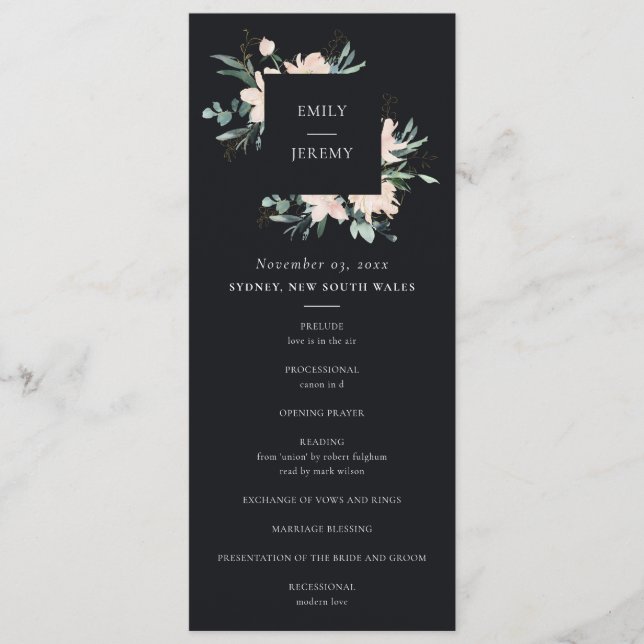 BLACK BLUSH GOLD FLORAL WEDDING CEREMONY PROGRAM MENU (Front)