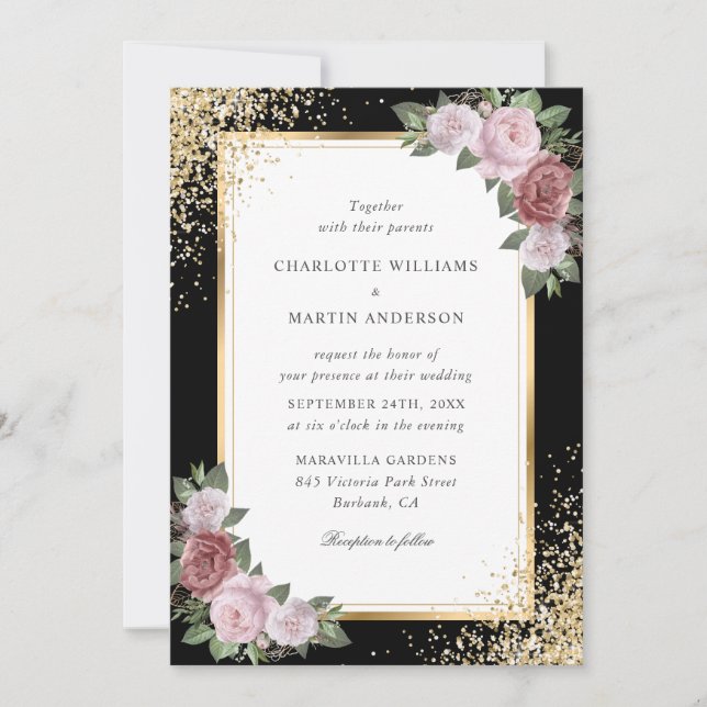 Black Blush Gold Frame Confetti Floral Wedding Invitation (Front)