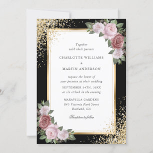 Black Blush Gold Frame Confetti Floral Wedding Invitation