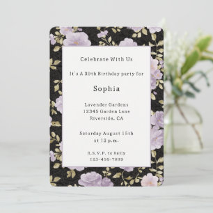 Black Blush Lavender Flowers Birthday Invitation