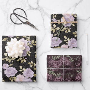 Black Blush Lavender Flowers Bridal Shower Wrapping Paper Sheet