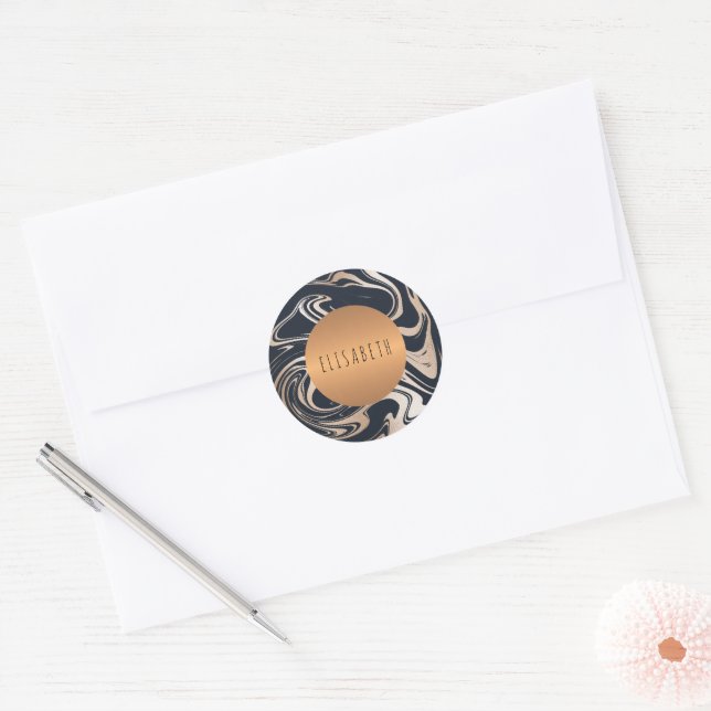 Black blush marble and copper metallic circle name classic round sticker (Envelope)