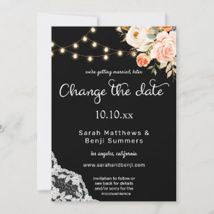 Black & Blush Peach Floral Lace Change the Date Invitation