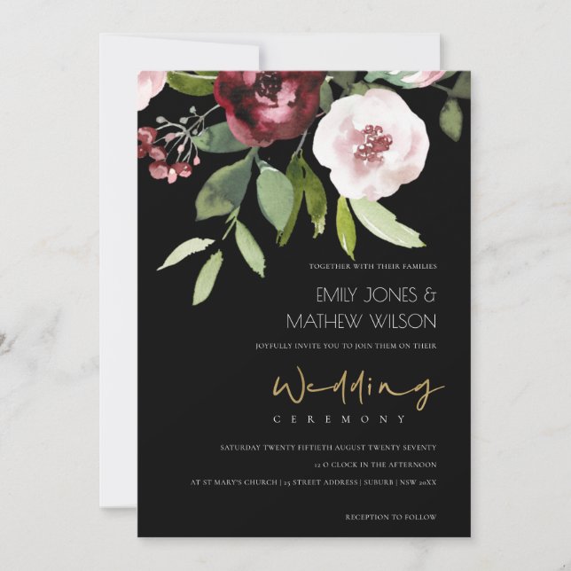 BLACK BLUSH PINK BURGUNDY PEONY FLORAL WEDDING INVITATION (Front)