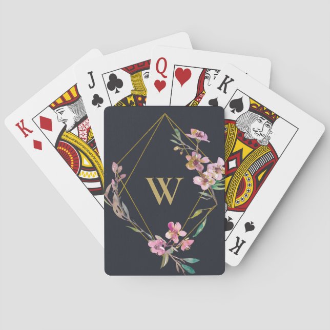 BLACK BLUSH PINK CHERRY BLOSSOM FLORAL MONOGRAM PLAYING CARDS (Back)
