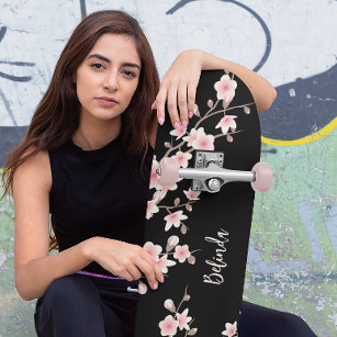 Black BLUSH Pink Cherry Blossom Monogram  Skateboard