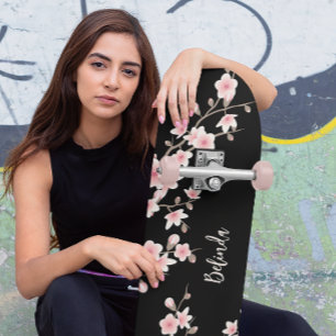 Black BLUSH Pink Cherry Blossom Monogram Skateboard
