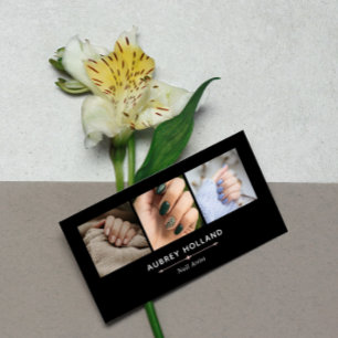 Black Blush Pink Elegant Nail Artist Photo Collage Business Card