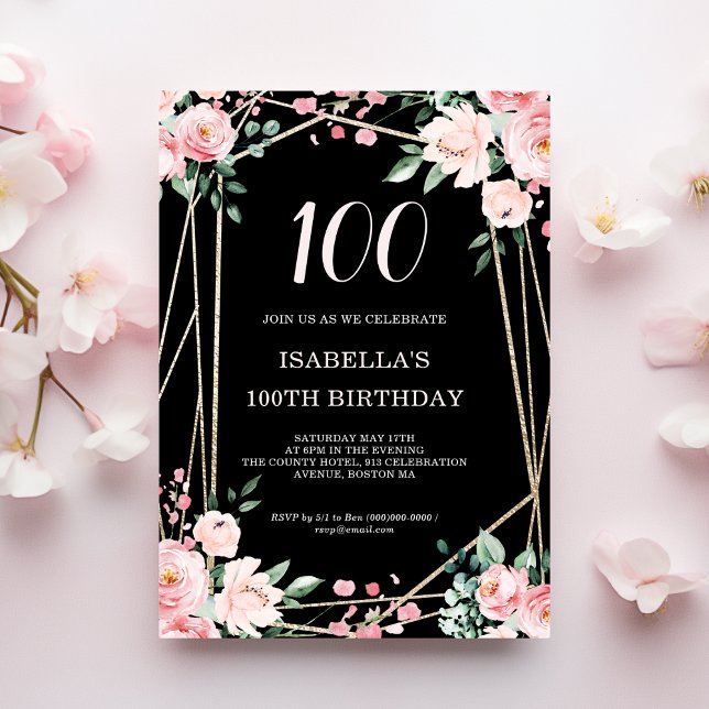 Black | Blush Pink Floral 100th Birthday  Invitation (Creator Uploaded)
