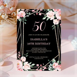 Black   Blush Pink Floral 50th Birthday Invitation