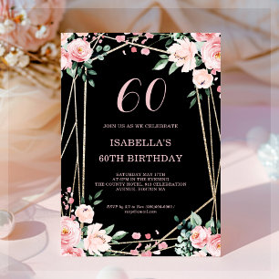 Black   Blush Pink Floral 60th Birthday Invitation