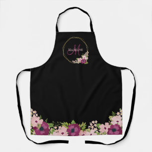 Black Blush Pink Floral Geometric Monogram Apron
