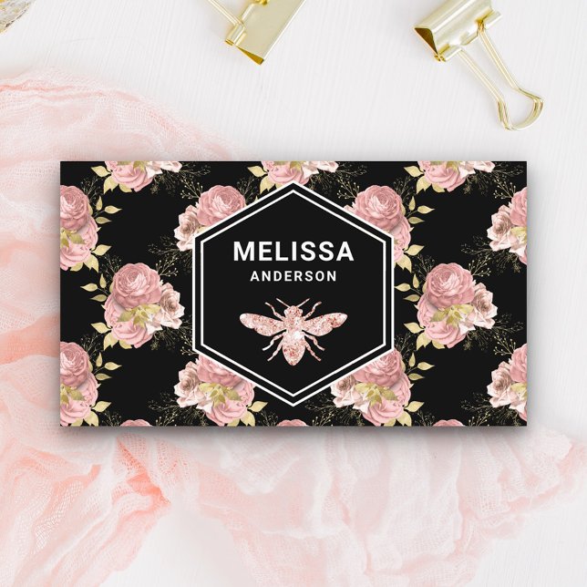 Black Blush Pink Floral Rose Gold Honey Bee Business Card (Creator Uploaded)