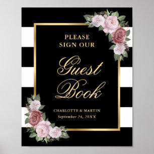 Black Blush Pink Floral Wedding Guest Book Sign
