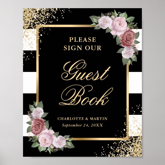 Black Blush Pink Floral Wedding Guest Book Sign (Front)