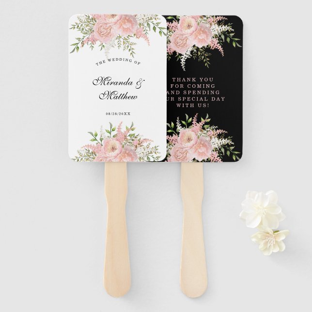 Black Blush Pink Floral Wedding Thank You  Hand Fan (Front and Back)