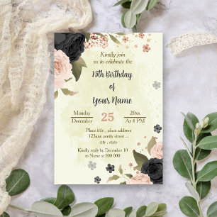 black blush pink flowers botanical birthday invitation