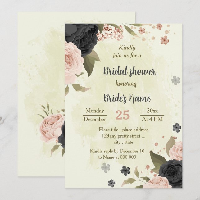 black blush pink flowers botanical bridal shower invitation (Front/Back)
