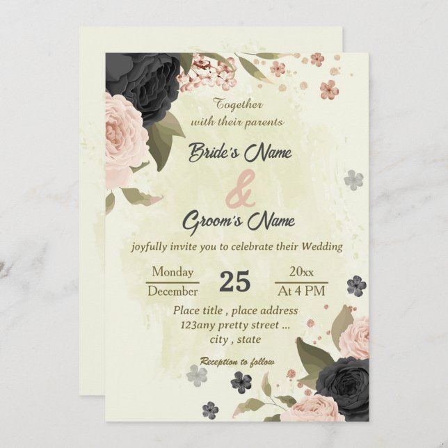 black blush pink flowers botanical wedding invitation (Front/Back)