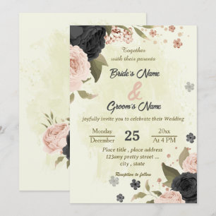 black blush pink flowers botanical wedding invitation