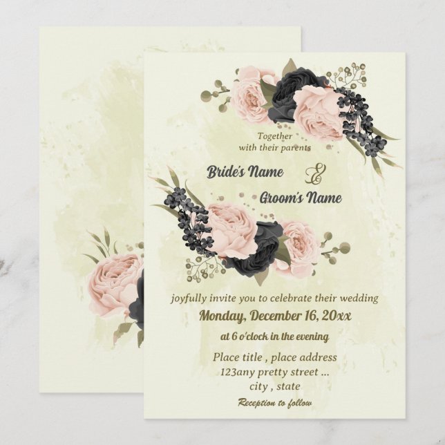 black blush pink flowers botanical wedding invitation (Front/Back)