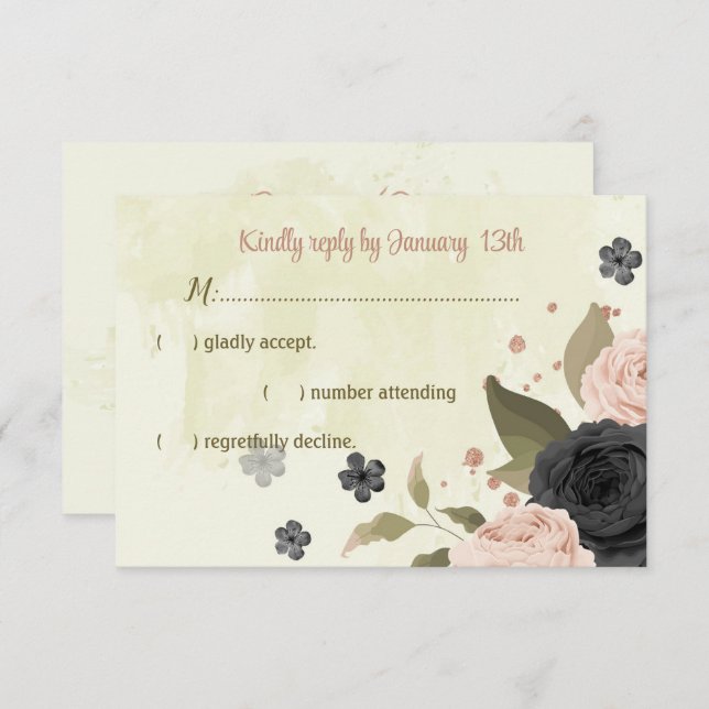 black blush pink flowers botanical wedding RSVP card (Front/Back)