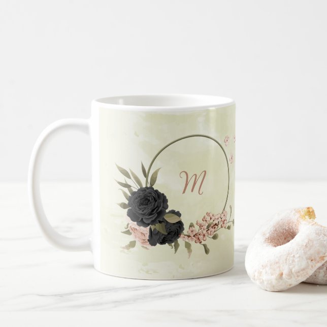 black blush pink flowers  coffee mug (With Donut)
