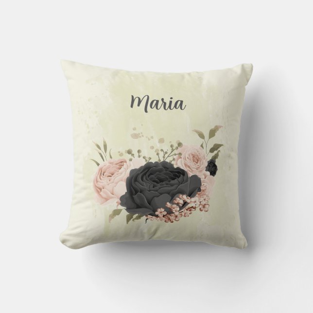 black blush pink flowers cushion (Front)