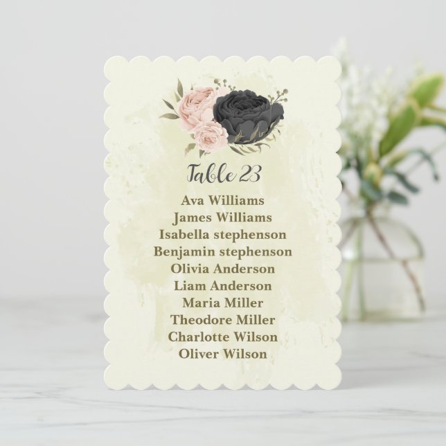 black blush pink flowers seating chart card (Standing Front)