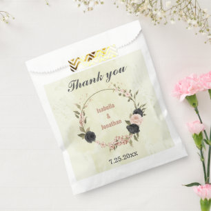 black blush pink flowers wedding favour bags