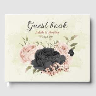 black blush pink flowers wedding guest book