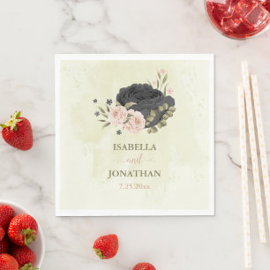 black blush pink flowers wedding napkin